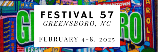 A colorful mural superimposed with the text "Festival 57, Greensboro, NC, February 4-8, 2025