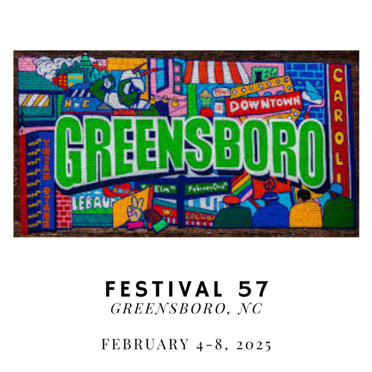 A colorful mural of downtown Greensboro with the words "Festival 57, Greensboro, NC, February 4-8, 2025" beneath